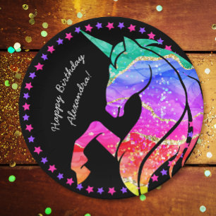 Plato De Papel Purpurina Unicorn Rainbow con nombre Birthday v2