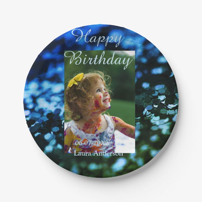 Plato De Papel Purpurina verde azul foto niños cumpleaños óxido m (Anverso)