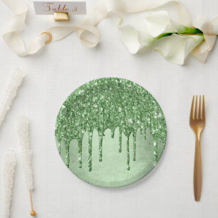 Plato De Papel Purpurina verde de goteo Neo-Mint Sage Faux Melt