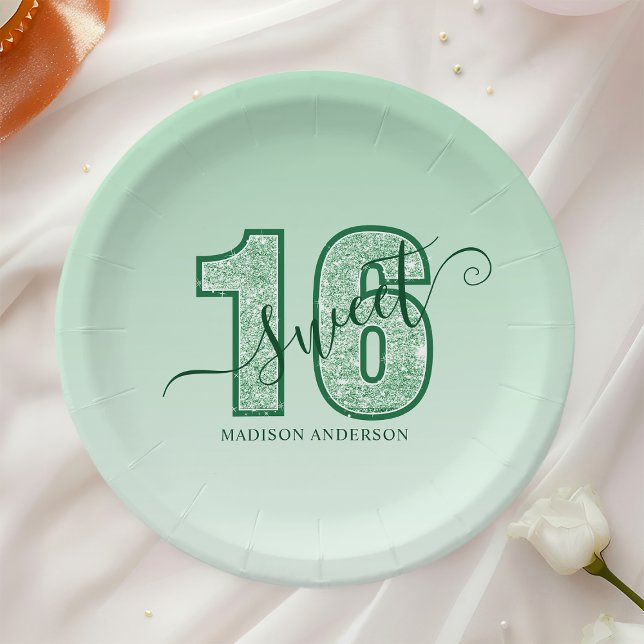 Plato De Papel Purpurina Verde Script Sweet 16 Cumpleaños (Subido por el creador)