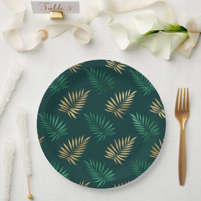 Plato De Papel Purpurina verde y dorado en hojas tropicales (Boda)