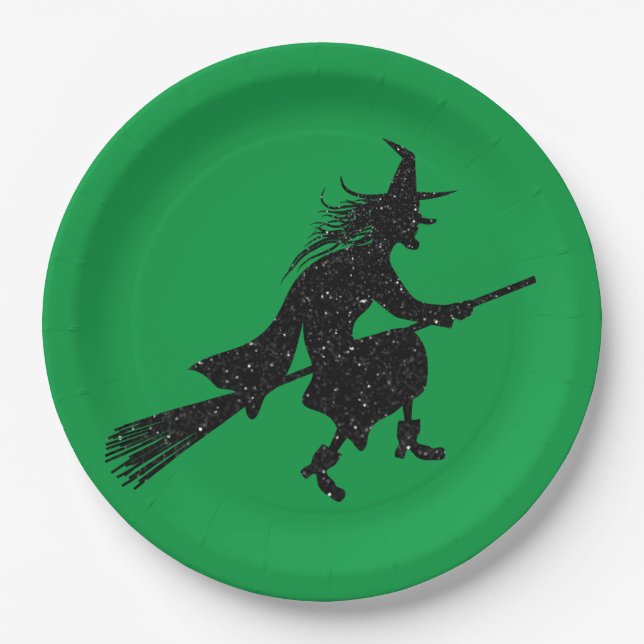Plato De Papel Purpurina Witch Silhouette Halloween (Anverso)