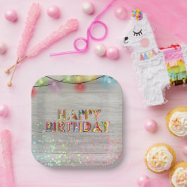 Plato De Papel Purpurina y luces Feliz cumpleaños