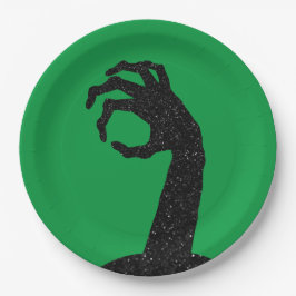 Plato De Papel Purpurina Zombie Hand Halloween
