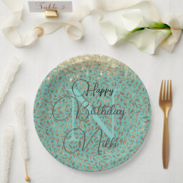 Plato De Papel Purpurinoso de moda Feathers Monograma Cumpleaños