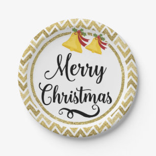 Plato De Papel Purpurinoso Dorado Bells Chevron Feliz Navidad