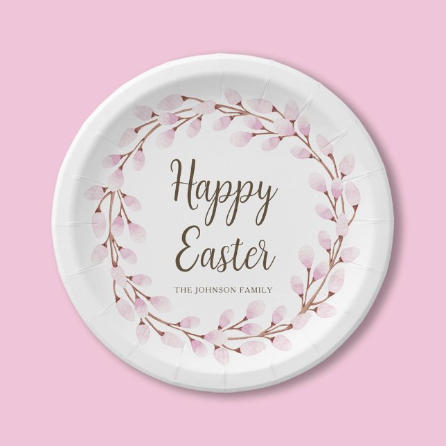 Plato De Papel Pussy Willow Feliz Pascua (Cute Pink Pussy Willow Happy Easter Paper Plates)