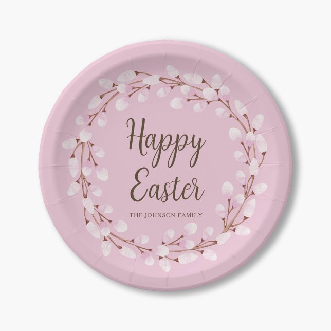Plato De Papel Pussy Willow Feliz Pascua (Cute Pink Pussy Willow Happy Easter Paper Plates)