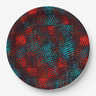 Plato De Papel Quadriculados riscados em vermelho e azul claro.