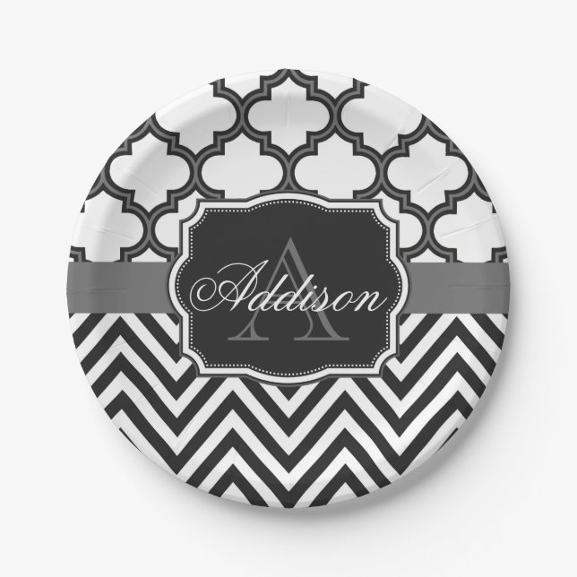 Plato De Papel Quatrefoil Chevron Monograma (Anverso)