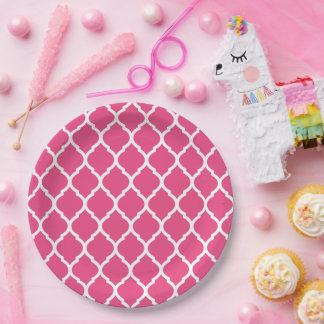 Plato De Papel Quatrefoil marroquí blanco y rosado caliente