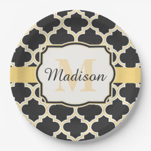 Plato De Papel Quatrefoil marroquí negro y dorado
