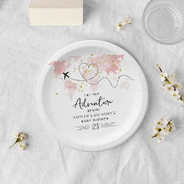 Plato De Papel "¡Que comience la aventura!" Baby Shower de mapa d