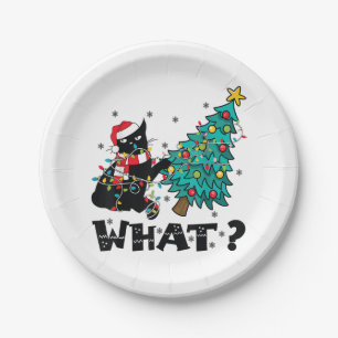 Plato De Papel QUÉ curioso gato negro que salpica el árbol de Nav