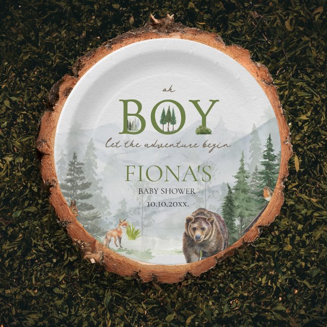 Plato De Papel Que la aventura comience las montañas Boy Baby Sho (Oh Boy Let the adventure Begin Custom Baby Shower Paper Plate)