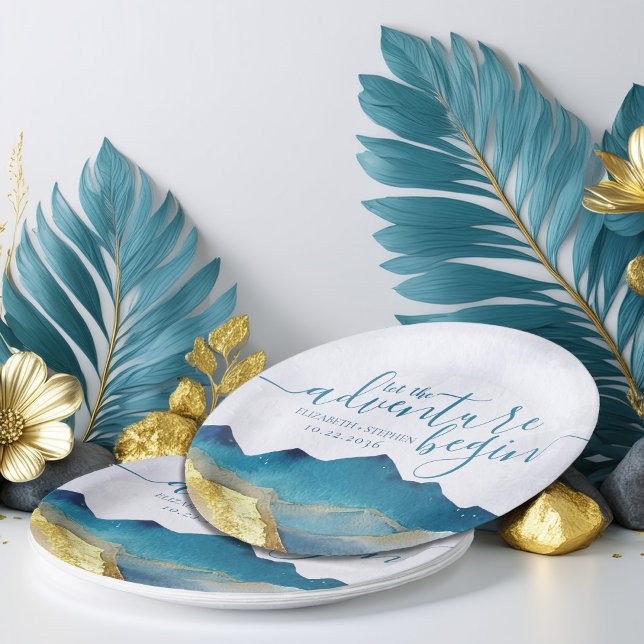 Plato De Papel Que la aventura empiece Boda Blue Gold Mountain (Subido por el creador)
