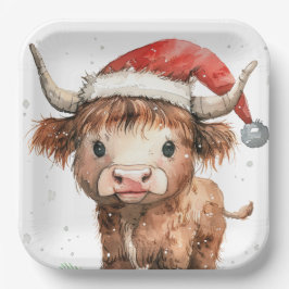 Plato De Papel Qué lindo. Vaca Highland en blanco de Santa Hat