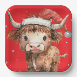 Plato De Papel Qué lindo. Vaca Highland en el Red de Santa Hat