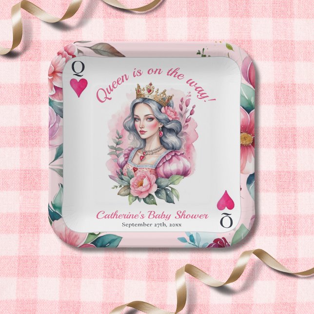Plato De Papel Queen Of Hearts Jugando Tarjeta Baby Shower Rosa (Subido por el creador)
