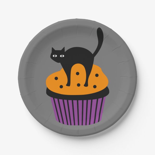 Plato De Papel quequito de gato de Halloween (Anverso)