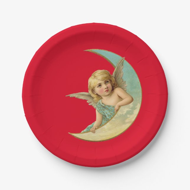 Plato De Papel Querubín Antiguo en Luna Creciente (Anverso)