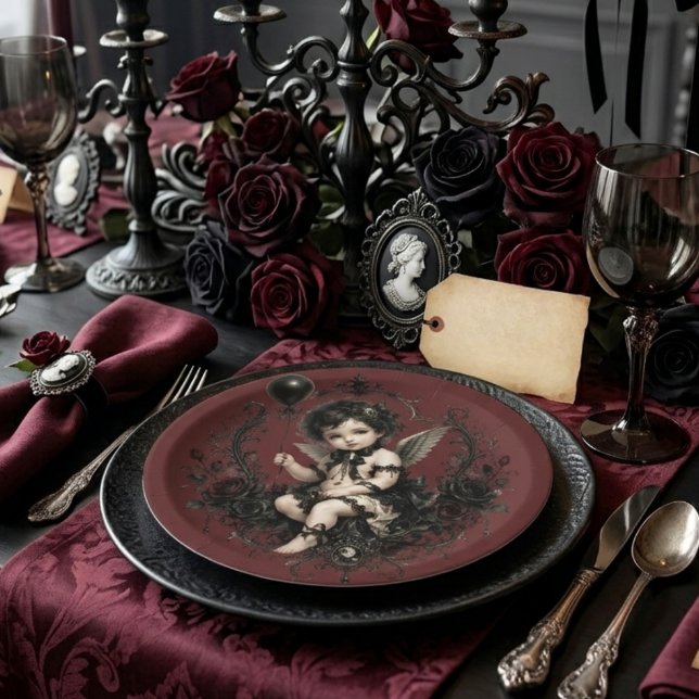 Plato De Papel Querubín Gótico Rosa Negra Romance Oscuro (Subido por el creador)