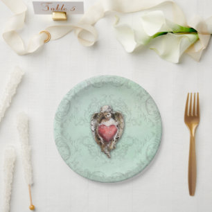 Plato De Papel Querubín Vintage Adorable con Corazón Rojo