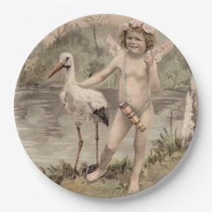 Plato De Papel Querubín Vintage con Cigüeña junto al Lago 