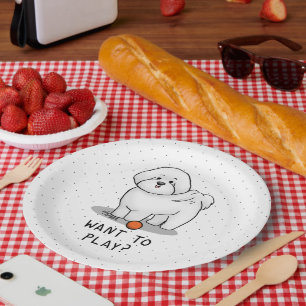 Plato De Papel ¿Quieres jugar? Perro frito de Bichon con pelota