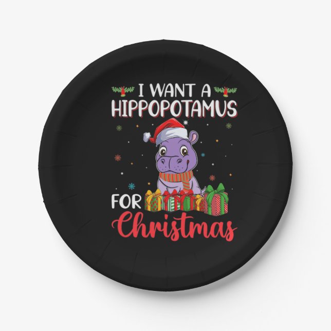 Plato De Papel Quiero hipopótamo para navidades (Anverso)
