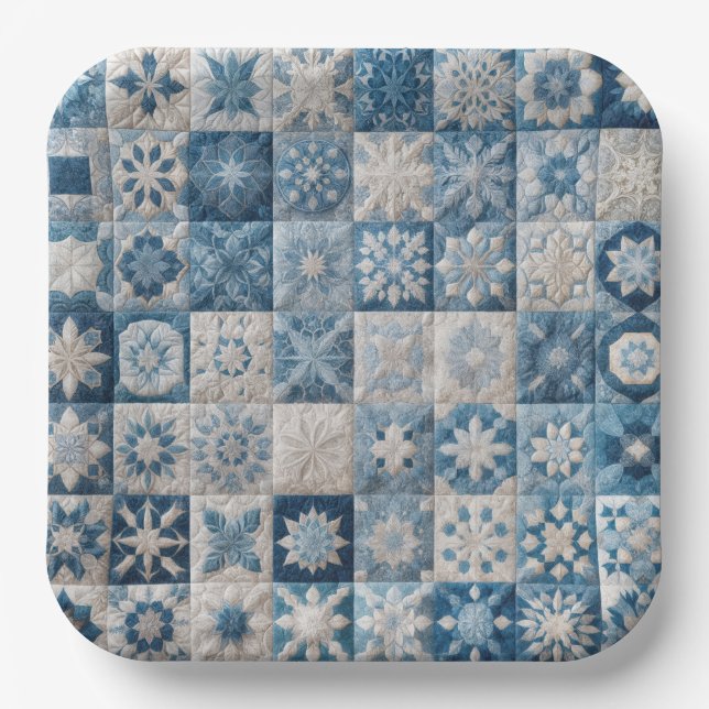 Plato De Papel Quilt de copo de nieve azul y blanco (Anverso)