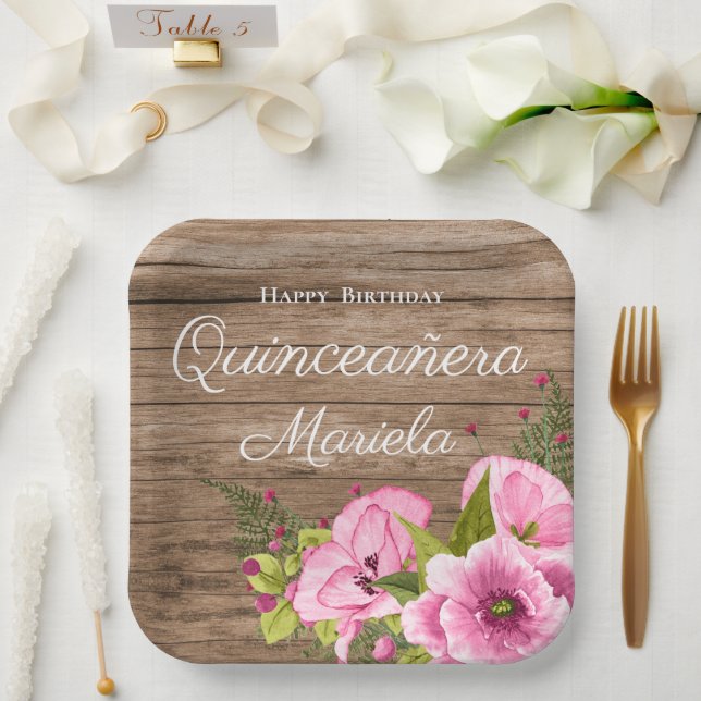 Plato De Papel Quinceañera Amapolas Rosadas Rústicas (Boda)