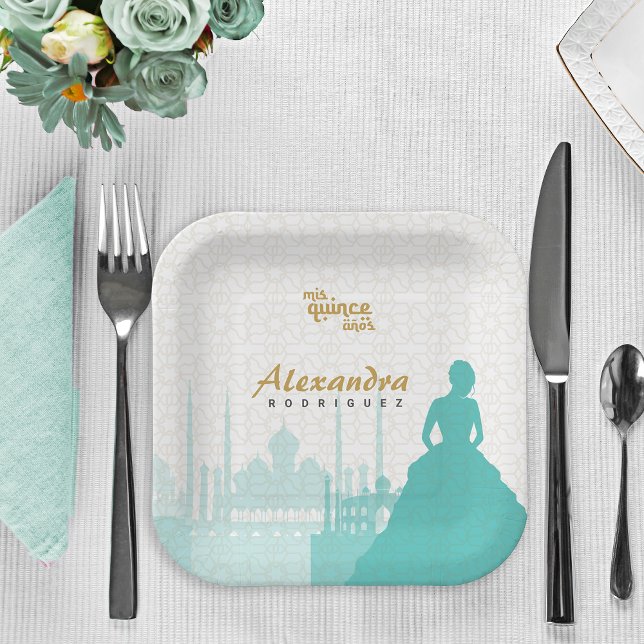 Plato De Papel Quinceañera árabe de oro y turquesa (Subido por el creador)