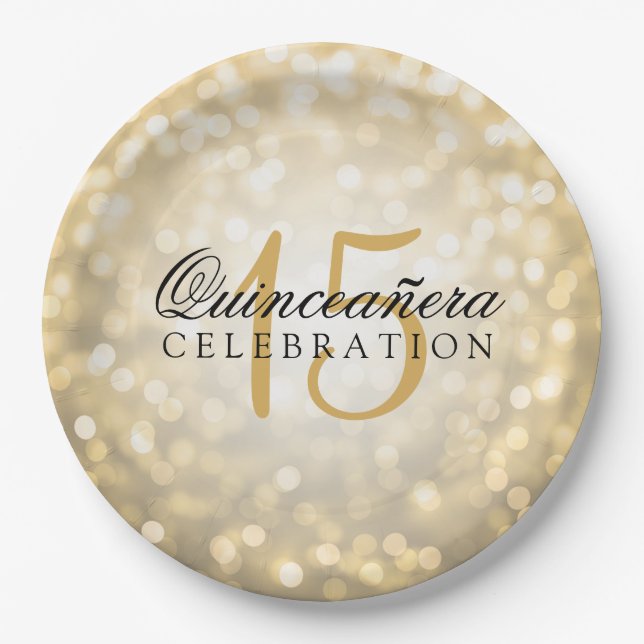 Plato De Papel Quinceanera Birthday Gold Bokeh Lights (Anverso)