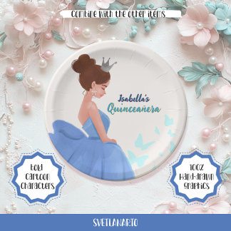 Plato De Papel Quinceañera Blue Elegent Princess Paper Plate