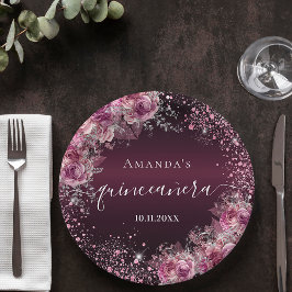 Plato De Papel Quinceanera burgundy purpurina rosa nombre floral