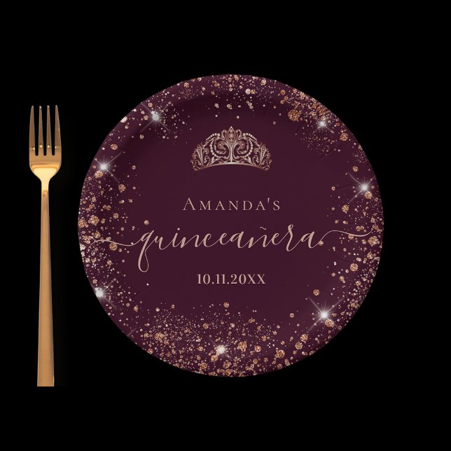 Plato De Papel Quinceanera burgundy rosa oro tiara nombre guión (Subido por el creador)