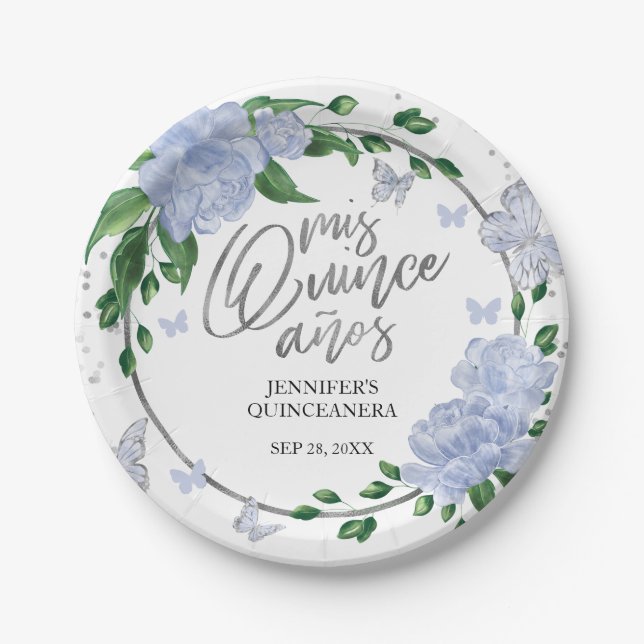 Plato De Papel Quinceanera Butterflys Dusty Blue Gown (Anverso)