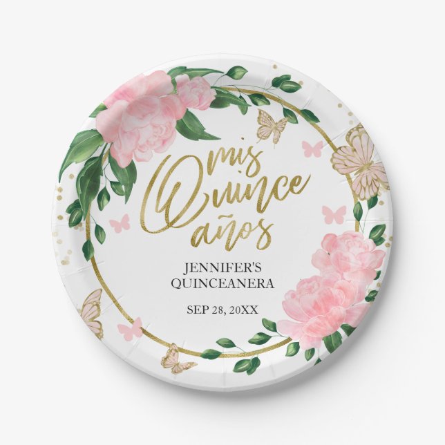 Plato De Papel Quinceanera Butterflys traje Rubor rosa (Anverso)