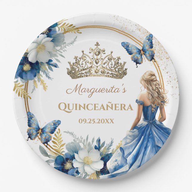 Plato De Papel Quinceañera Chica Floral Azul Oro Tiara Mariposa (Anverso)