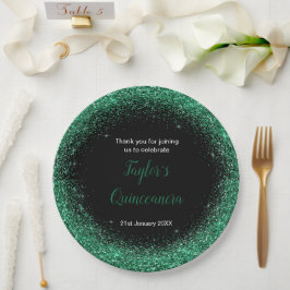 Plato De Papel Quinceanera Dark Green Faux Purpurina