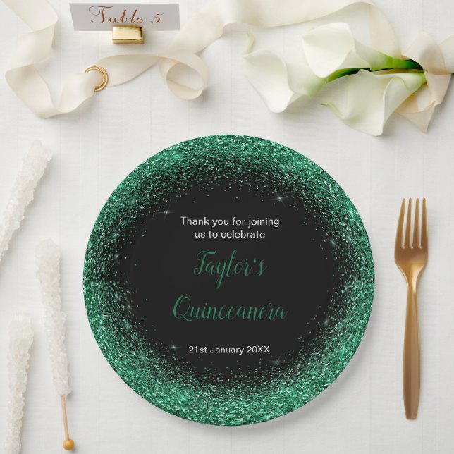 Plato De Papel Quinceanera Dark Green Faux Purpurina (Boda)