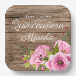 Plato De Papel Quinceañera de Amapolas Rosadas Rústicas