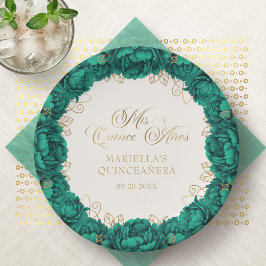 Plato De Papel Quinceanera de floral verde esmeralda