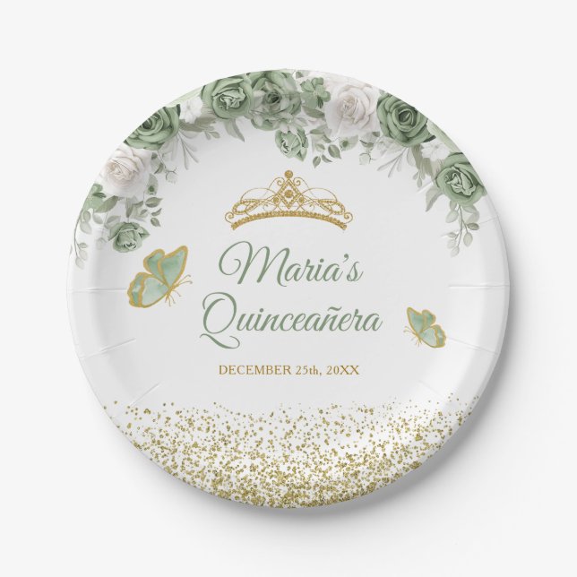 Plato De Papel Quinceañera de oro Sage Green Crown Butfly (Anverso)