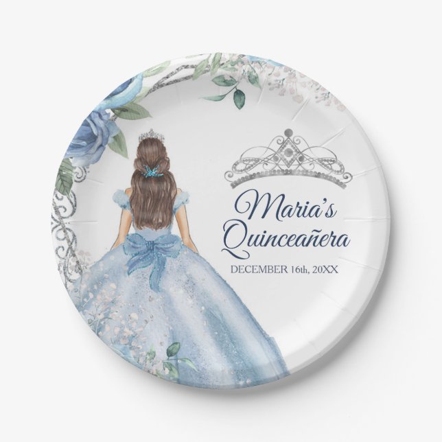 Plato De Papel Quinceañera Dusty Blue Flores acuarela  (Anverso)