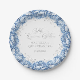 Plato De Papel Quinceanera floral azul claro
