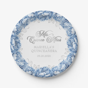 Plato De Papel Quinceañera Floral Azul Claro