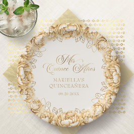 Plato De Papel Quinceanera floral de oro amarillo