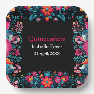 Plato De Papel Quinceañera Floral Fiesta Mexicana Cumpleaños Negr